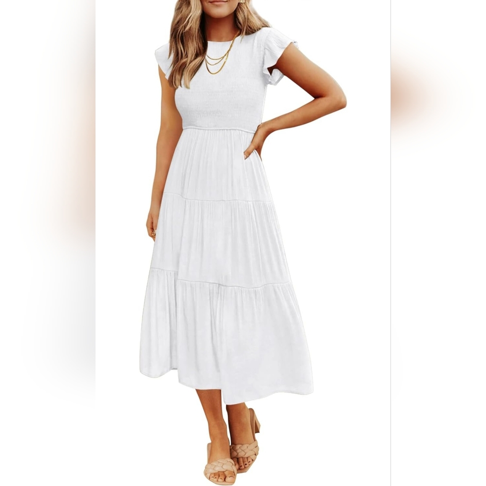 Casual Flutter Short Sleeve Crew Neck Smocked Elastic Waist White Midi Dress